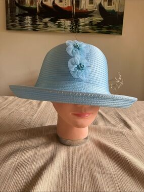 Chic Light Blue Satin Ribbon Floral Trim  Hat